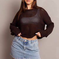 Brown Crochet Knit Top Boat Neck Long Sleeve