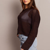 Brown Crochet Knit Top Boat Neck Long Sleeve