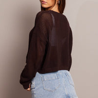 Brown Crochet Knit Top Boat Neck Long Sleeve