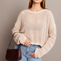 Beige Crochet Knit Top Boat Neck Long Sleeve