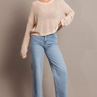 Beige Crochet Knit Top Boat Neck Long Sleeve