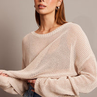 Beige Crochet Knit Top Boat Neck Long Sleeve