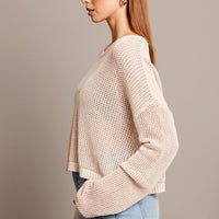 Beige Crochet Knit Top Boat Neck Long Sleeve