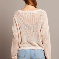 Beige Crochet Knit Top Boat Neck Long Sleeve