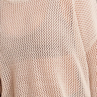 Beige Crochet Knit Top Boat Neck Long Sleeve
