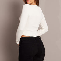 White Knit Top Long Sleeve Sweatheart Neck
