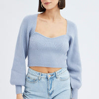 Blue Knit Top Sweet Heart Neck Volume Sleeve Crop