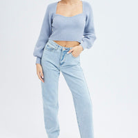 Blue Knit Top Sweet Heart Neck Volume Sleeve Crop