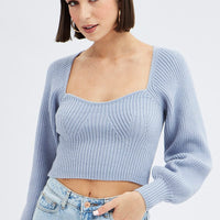Blue Knit Top Sweet Heart Neck Volume Sleeve Crop