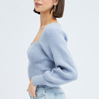 Blue Knit Top Sweet Heart Neck Volume Sleeve Crop