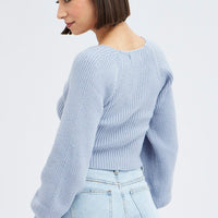 Blue Knit Top Sweet Heart Neck Volume Sleeve Crop