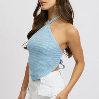 Blue Knit Top Halter Neck