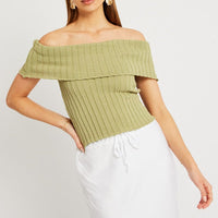 Green Off shoulder Knit Top