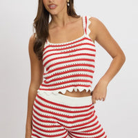 Red Stripe Crochet Knit Top