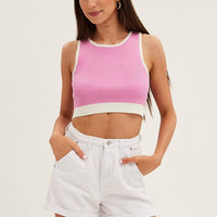 Pink Crop Top Knit Contrast Binding
