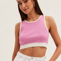 Pink Crop Top Knit Contrast Binding