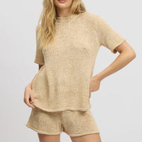 Beige Knit Top Short Sleeve Crew Neck