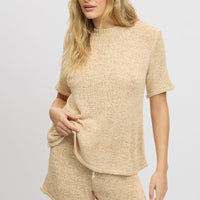 Beige Knit Top Short Sleeve Crew Neck