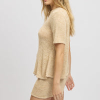 Beige Knit Top Short Sleeve Crew Neck