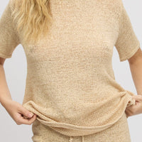 Beige Knit Top Short Sleeve Crew Neck