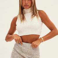 White Knit Top Sleeveless Roll Neck Crop