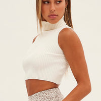 White Knit Top Sleeveless Roll Neck Crop