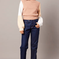 Beige Knit Top Long Sleeve Color Block