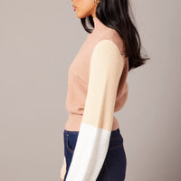 Beige Knit Top Long Sleeve Color Block