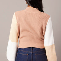 Beige Knit Top Long Sleeve Color Block