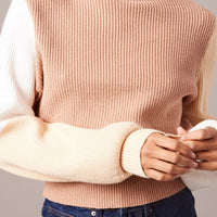 Beige Knit Top Long Sleeve Color Block