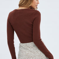 Brown Knit Top Long Sleeve Twisted Front