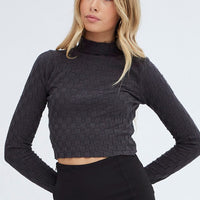Grey Knit Top Long Sleeve High Neck Crop Checker Stitch