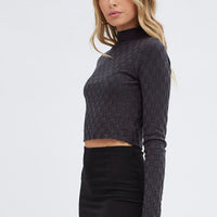 Grey Knit Top Long Sleeve High Neck Crop Checker Stitch