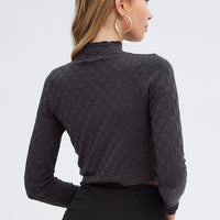 Grey Knit Top Long Sleeve High Neck Crop Checker Stitch