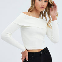 White Knit Top Off The Shoulder Ribbed