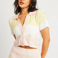 Multi Stripe Crochet Knit Top Collared
