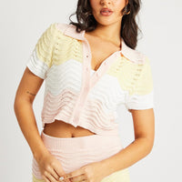 Multi Stripe Crochet Knit Top Collared