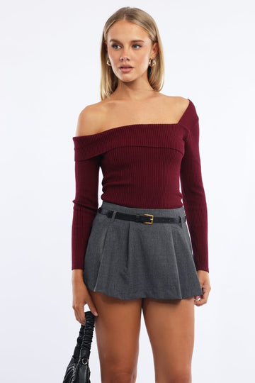Red One Shoulder Knit Top Long Sleeve