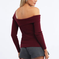 Red One Shoulder Knit Top Long Sleeve