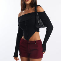 Black Bardot Knit Top Long Sleeve Open Front