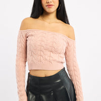Pink Cable Knit Top Long Sleeve Off Shoulder