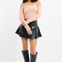 Pink Cable Knit Top Long Sleeve Off Shoulder