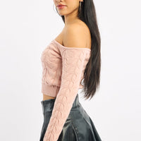 Pink Cable Knit Top Long Sleeve Off Shoulder