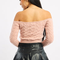 Pink Cable Knit Top Long Sleeve Off Shoulder