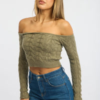 Green Cable Knit Top Long Sleeve Off Shoulder