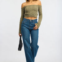 Green Cable Knit Top Long Sleeve Off Shoulder