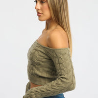 Green Cable Knit Top Long Sleeve Off Shoulder
