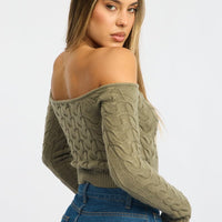 Green Cable Knit Top Long Sleeve Off Shoulder