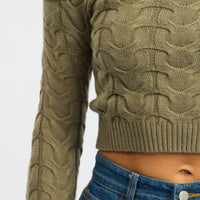 Green Cable Knit Top Long Sleeve Off Shoulder