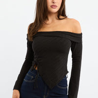 Black Off Shoulder Top Long Sleeve Ruched